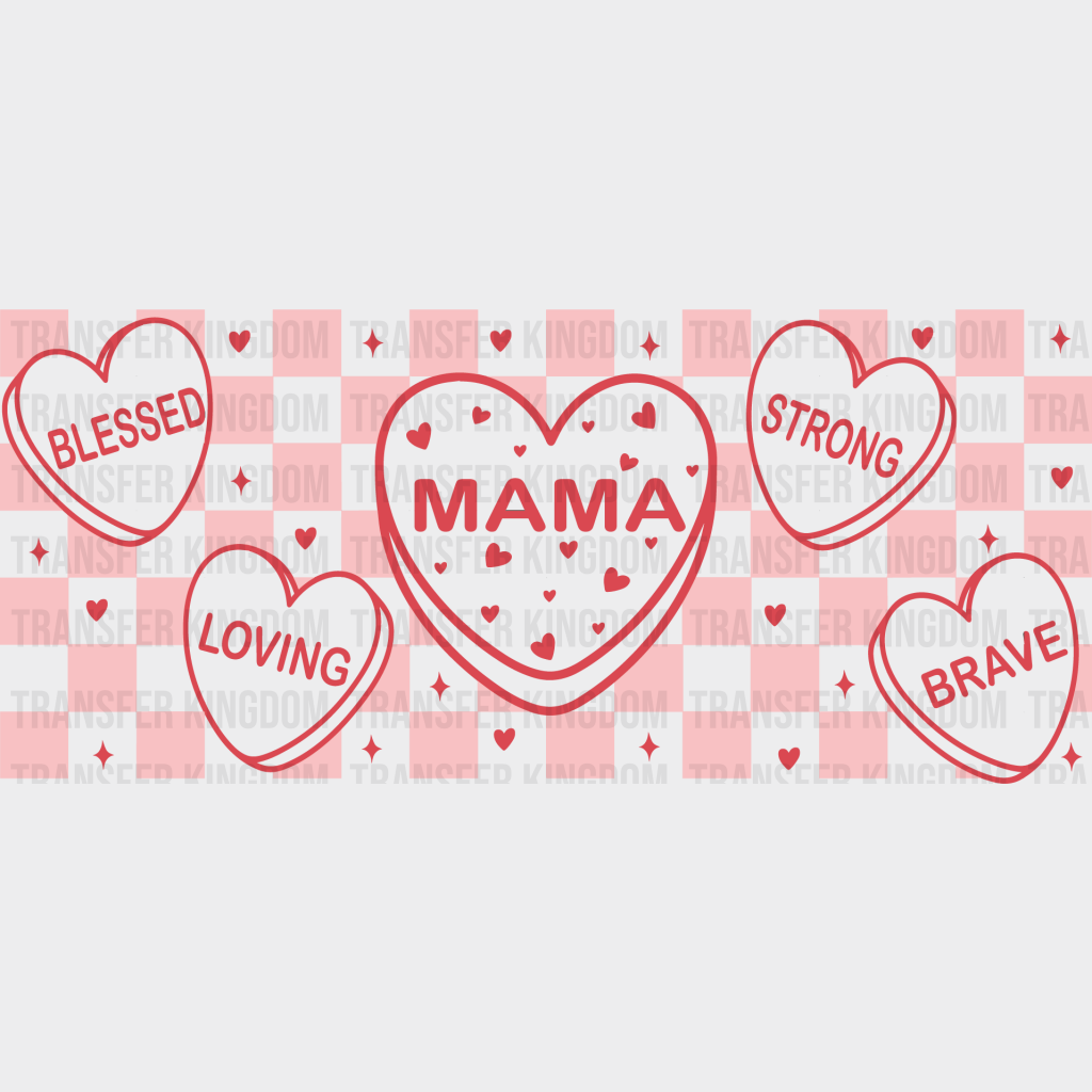 Mama Red Heart Checkered Design - Mom Cup Wrap Uv Sticker Permanent Dtf Decal