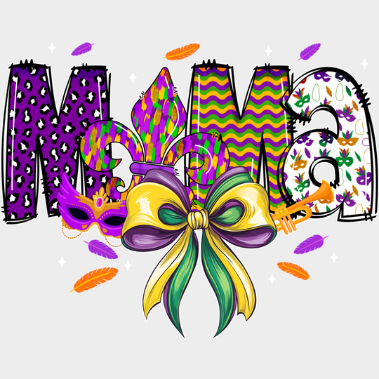 Mama Ribbon & Mask - Mardi Gras DTF Transfer Adult Unisex - S & M (10’’) / Light Color Design (See Imaging)