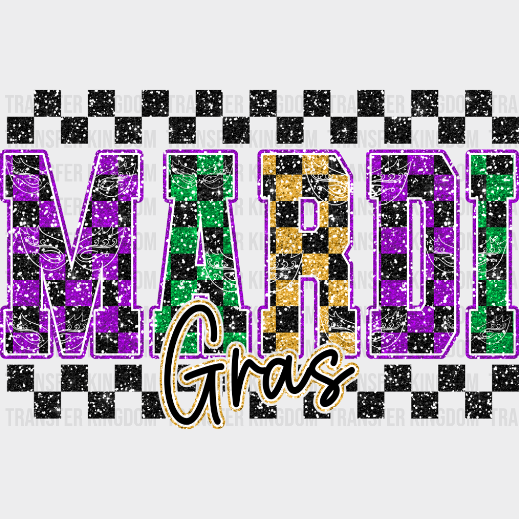 Mardi Gras Checkered B&W - Mardi Gras DTF Transfer Adult Unisex - S & M (10’’) / Dark Color Design (See Imaging)