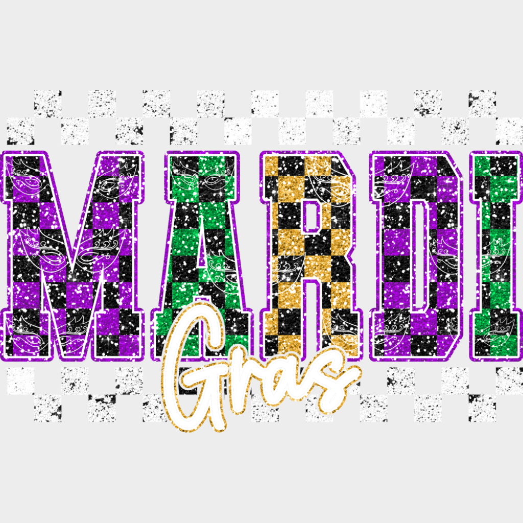 Mardi Gras Checkered B&W - Mardi Gras DTF Transfer Adult Unisex - S & M (10’’) / Light Color Design (See Imaging)
