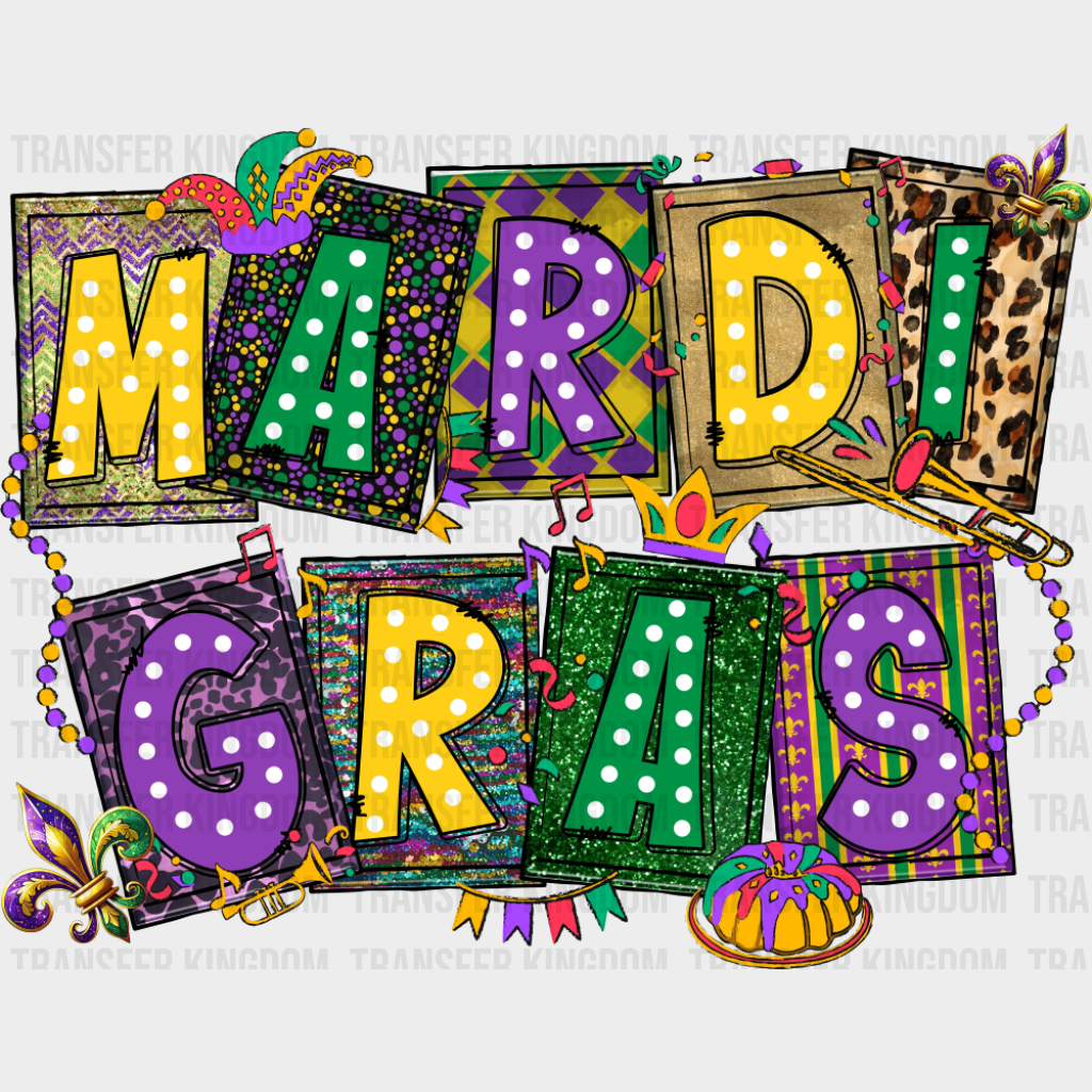 Mardi Gras Dotted - Mardi Gras DTF Transfer Adult Unisex - S & M (10’’) / Dark Color Design (See Imaging)