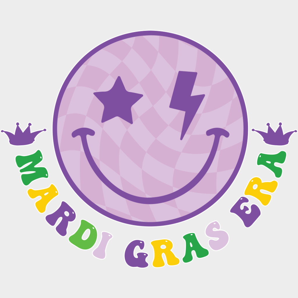 Mardi Gras Era Smiley - Mardi Gras DTF Transfer Adult Unisex - S & M (10’’) / Light Color Design (See Imaging)
