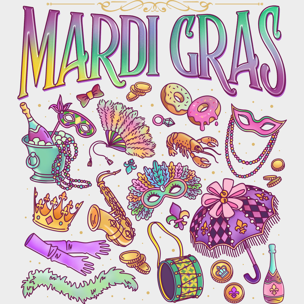 Mardi Gras Items - Mardi Gras DTF Transfers Adult Unisex - S & M (10’’) / Light Color Design (See Imaging)