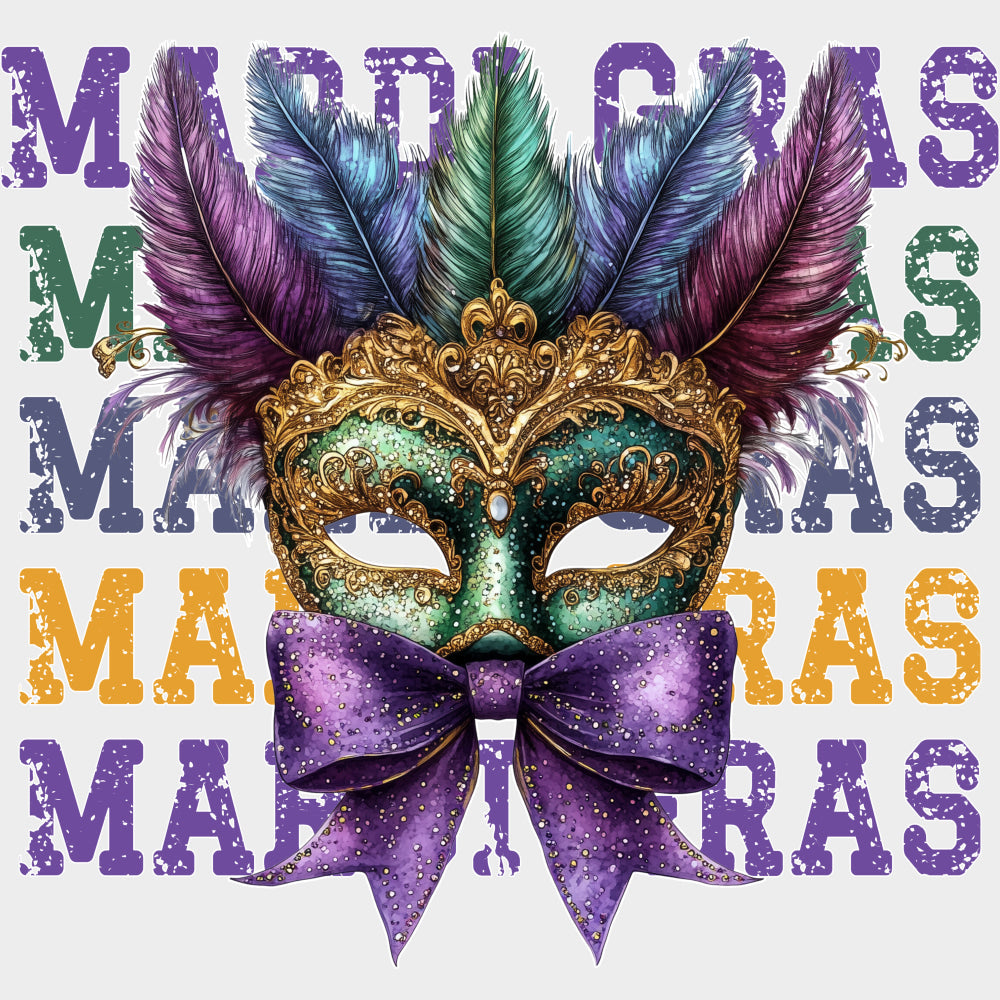 Mardi Gras Mask & Ribbon - Mardi Gras DTF Transfers Adult Unisex - S & M (10’’) / Light Color Design (See Imaging)