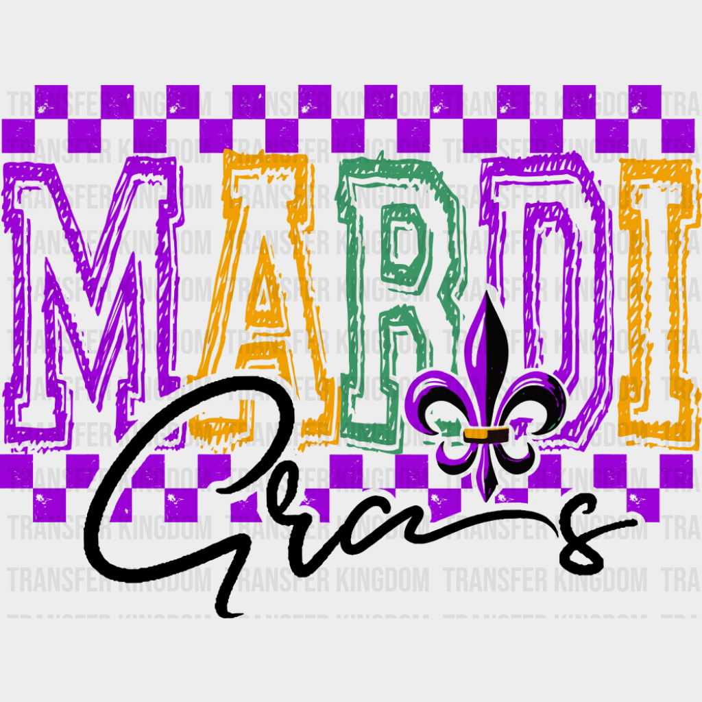 Mardi Gras Purple Checkered Design - Mardi Gras DTF Transfer Adult Unisex - S & M (10’’) / Dark Color Design (See