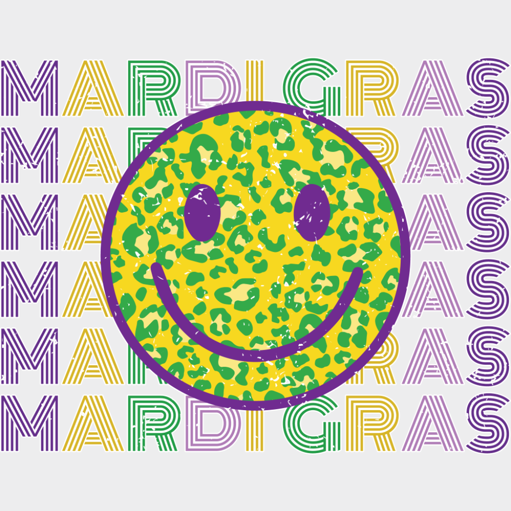 Mardi Gras Smiley - Mardi Gras DTF Transfer Adult Unisex - S & M (10’’) / Light Color Design (See Imaging)