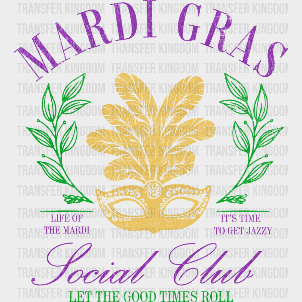 Mardi Gras Social Club Mask - Mardi Gras DTF Transfer Adult Unisex - S & M (10’’) / Dark Color Design (See Imaging)