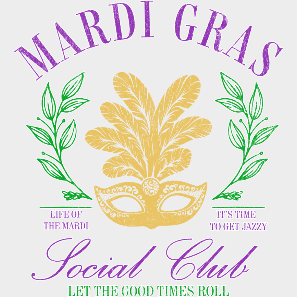 Mardi Gras Social Club Mask - Mardi Gras DTF Transfer Adult Unisex - S & M (10’’) / Light Color Design (See Imaging)