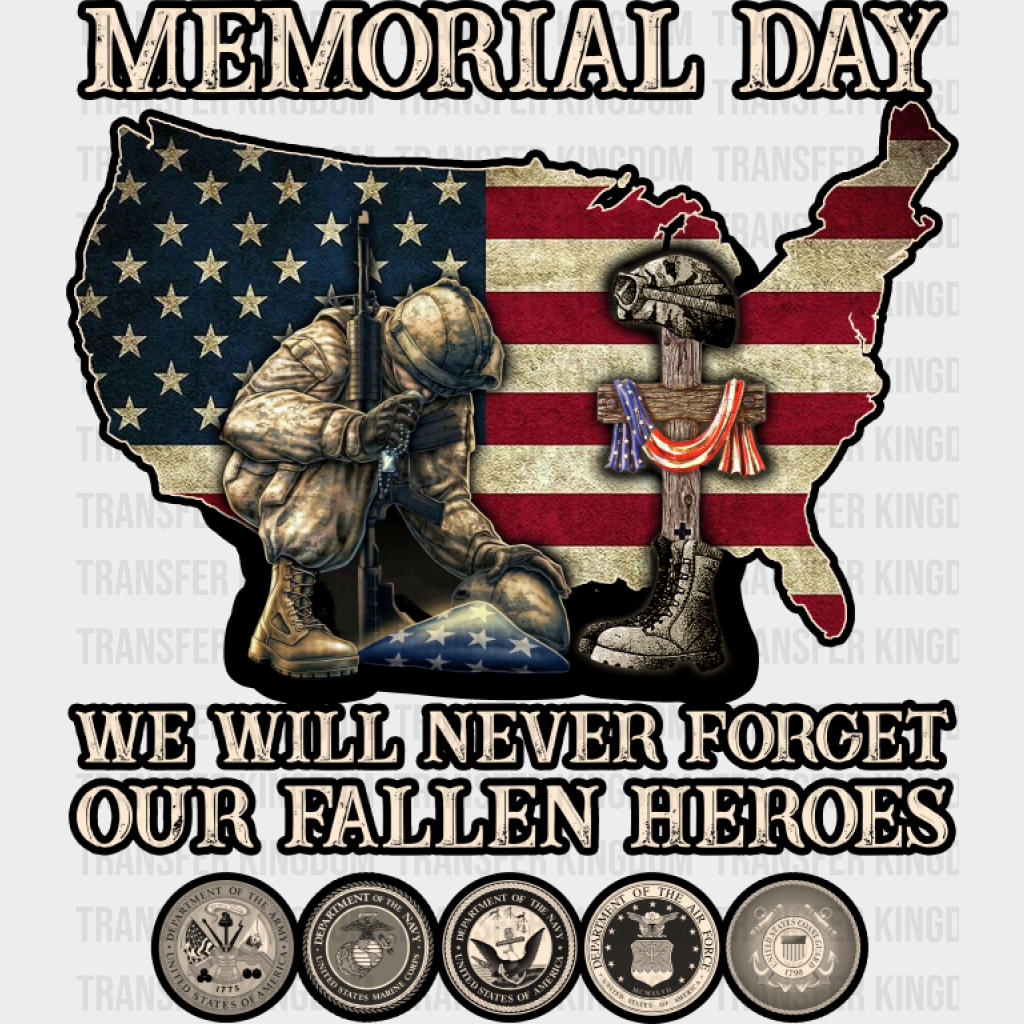 Memorial Day We Will Never Forget - Military DTF Transfer Adult Unisex - S & M (10’’) / Dark Color Design (See Imaging)