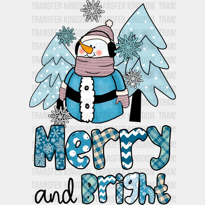 Merry And Bright Snowman Design - Winter Iron On DTF Transfer