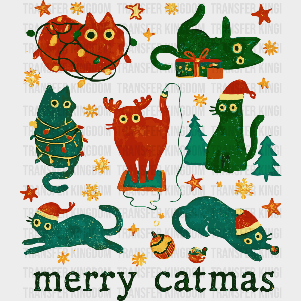 Merry Catmas - Christmas DTF Transfer Adult Unisex - S & M (10’’) / Green Color Design (See Imaging)
