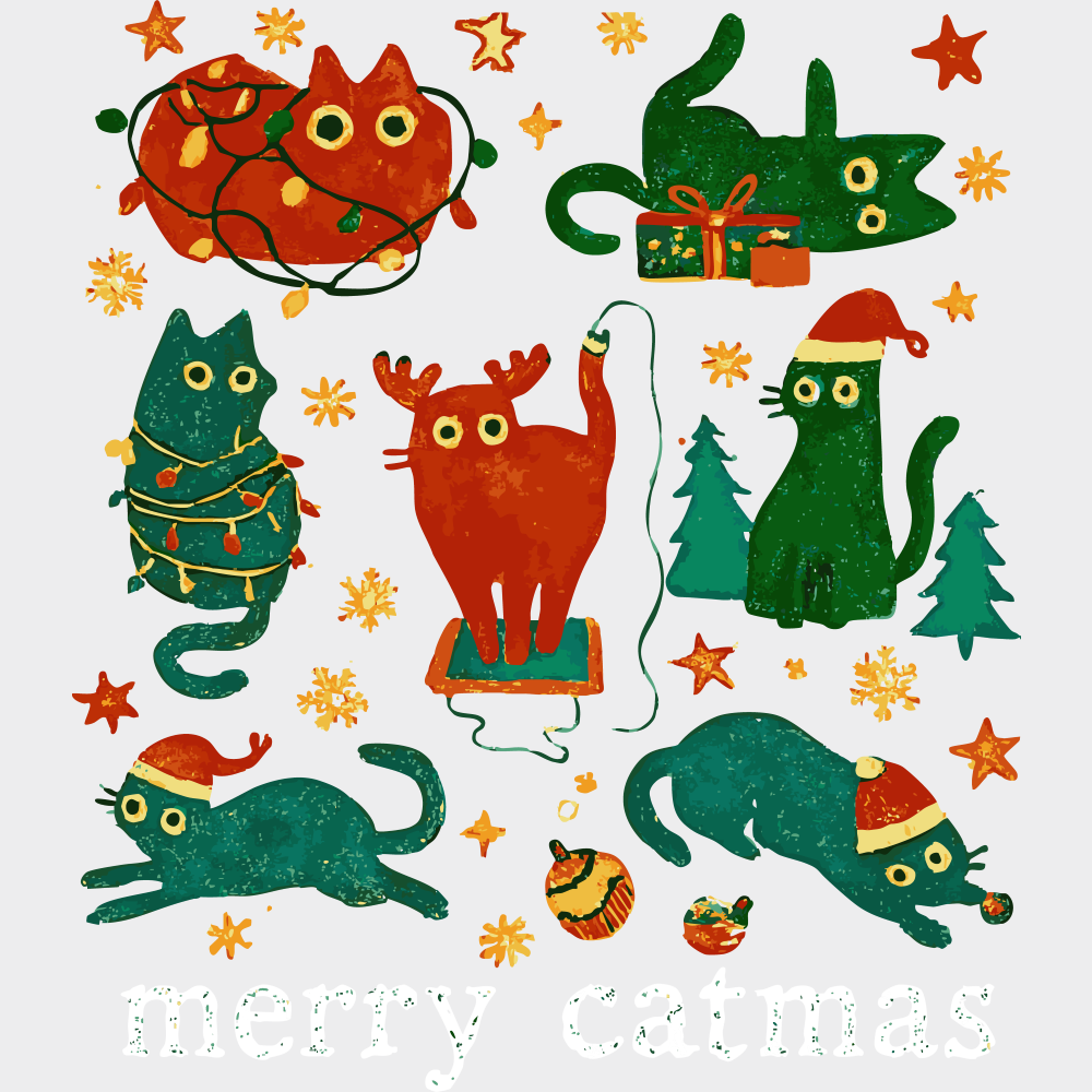 Merry Catmas - Christmas DTF Transfer Adult Unisex - S & M (10’’) / Light Color Design (See Imaging)