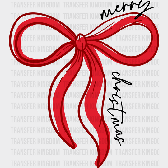 Merry Christmas Red Ribbon B&W - Christmas DTF Transfer Adult Unisex - S & M (10’’) / Dark Color Design (See Imaging)
