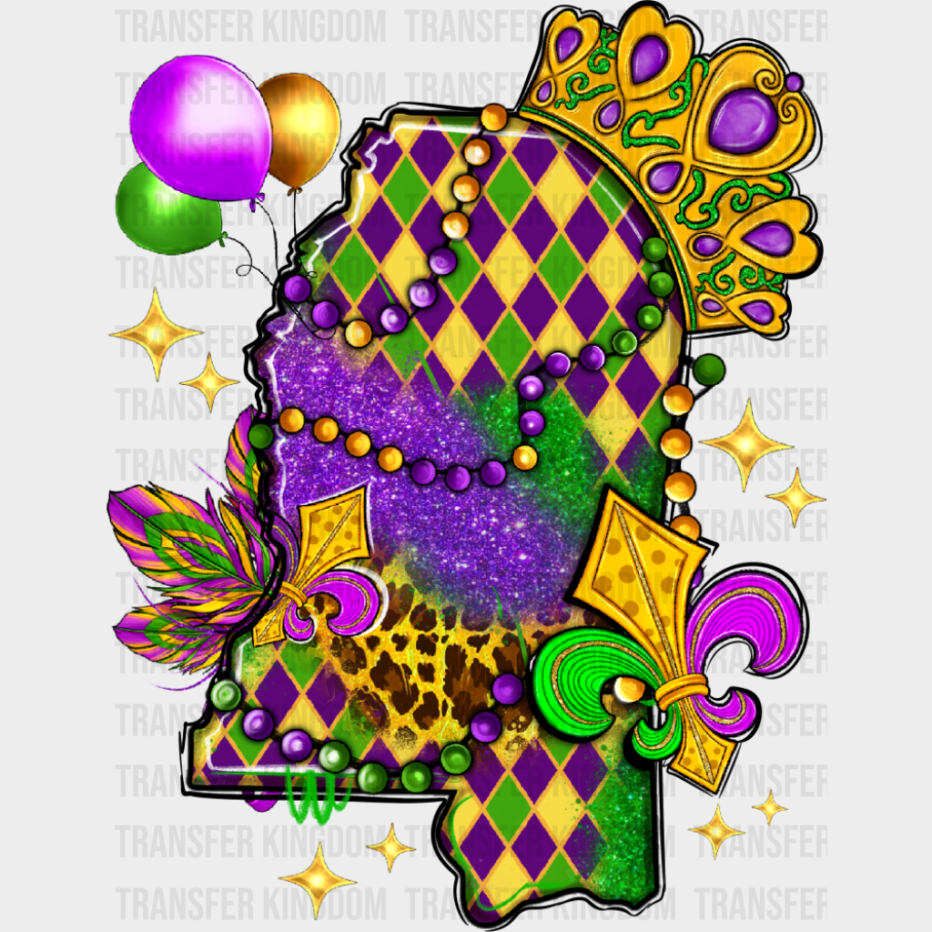 Mississippi Map Colorful - Mardi Gras DTF Transfer Adult Unisex - S & M (10’’) / Dark Color Design (See Imaging)