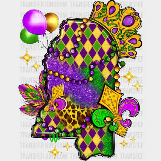 Mississippi Map Colorful - Mardi Gras DTF Transfer Adult Unisex - S & M (10’’) / Dark Color Design (See Imaging)