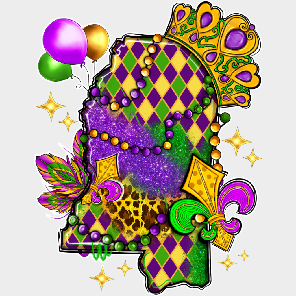 Mississippi Map Colorful - Mardi Gras DTF Transfer Adult Unisex - S & M (10’’) / Light Color Design (See Imaging)