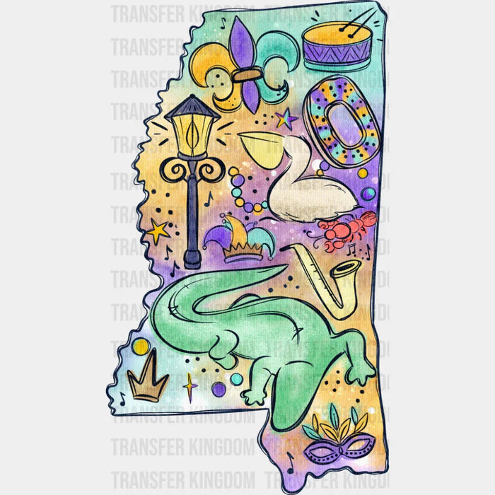 Mississippi Map - Mardi Gras DTF Transfer
