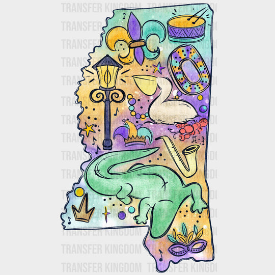 Mississippi Map - Mardi Gras DTF Transfers