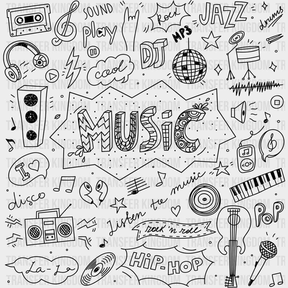 Music Doodles - Music DTF Transfers - Adult Unisex - S & M (10’’) / Dark Color Design (See Imaging)