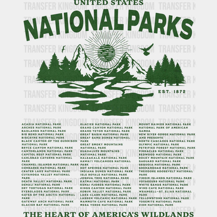 National Park The Heart Of America's Wildlands Green Design - National Parks DTF Transfers