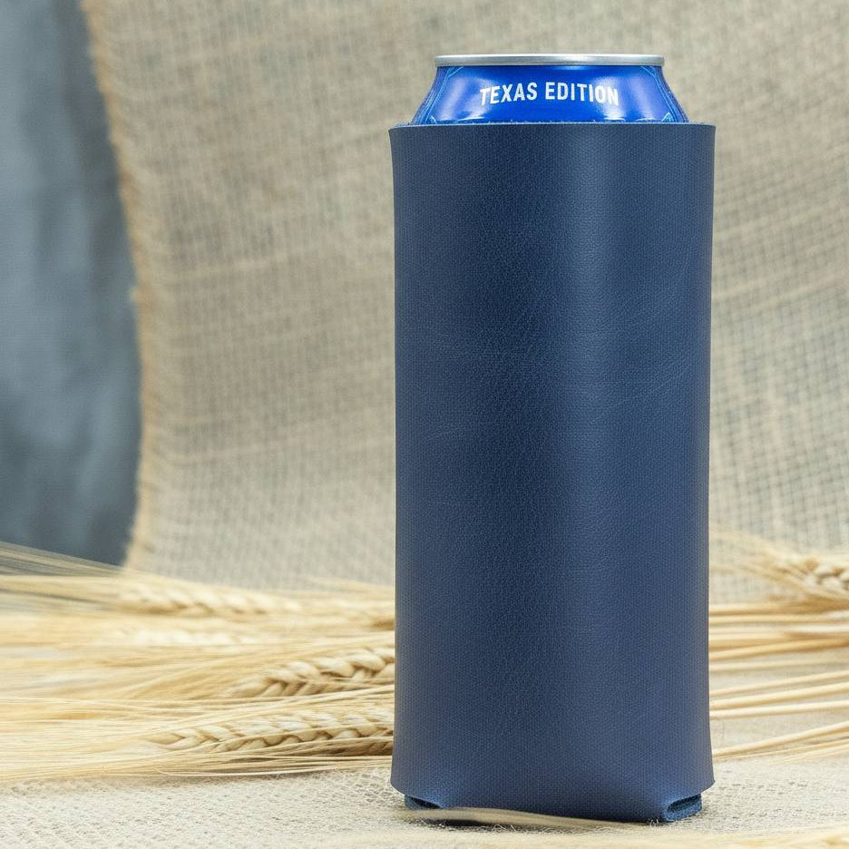 Blue can cooler with 'Texas Edition' text on a rustic background