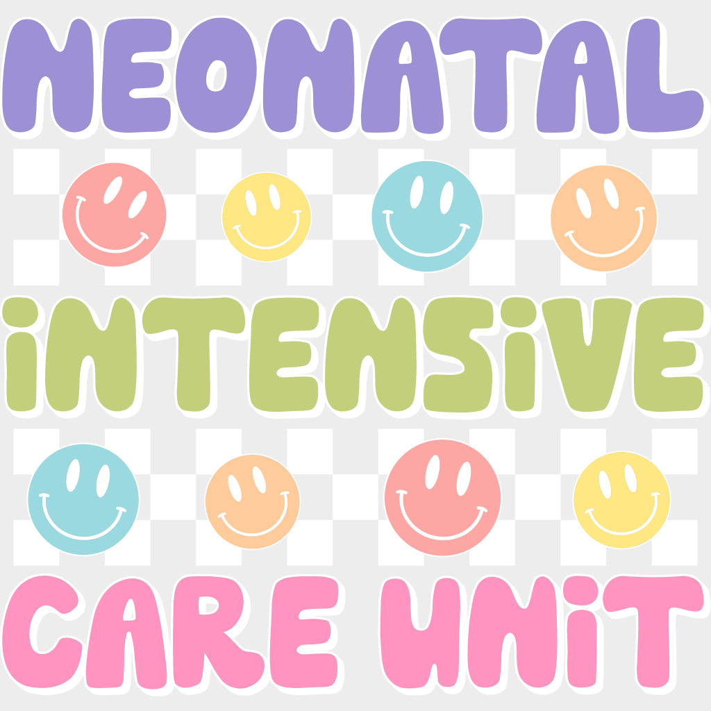 Neonatal Intensive Care Unit Colorful Smileys - NICU Nurse DTF Transfers Adult Unisex - S & M (10’’) / Light Color