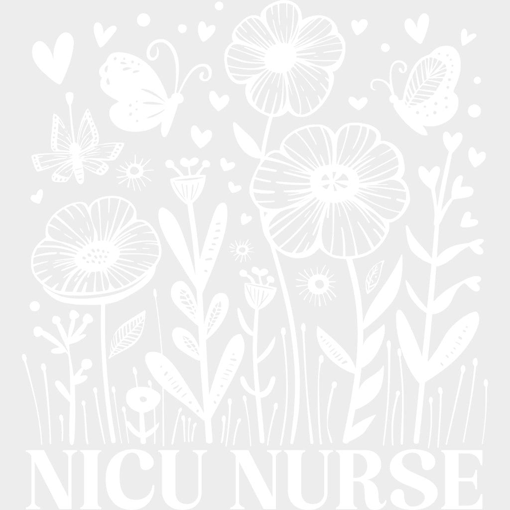 NICU Nurse B&W Flowers & Butterflies - NICU Nurse DTF Transfers Adult Unisex - S & M (10’’) / Light Color Design (See