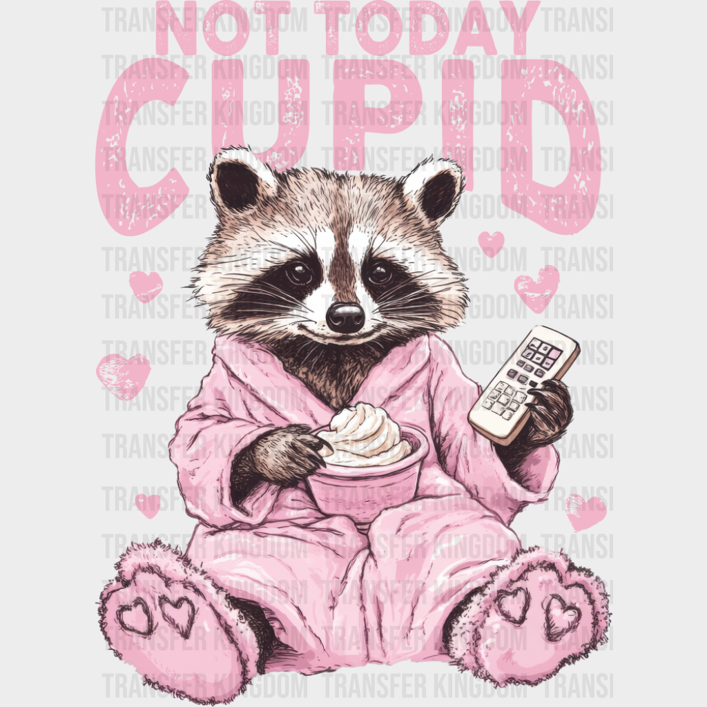 Not Today Cupid Pink Bathrobe Raccoon Design - Valentine’s Day DTF Transfer