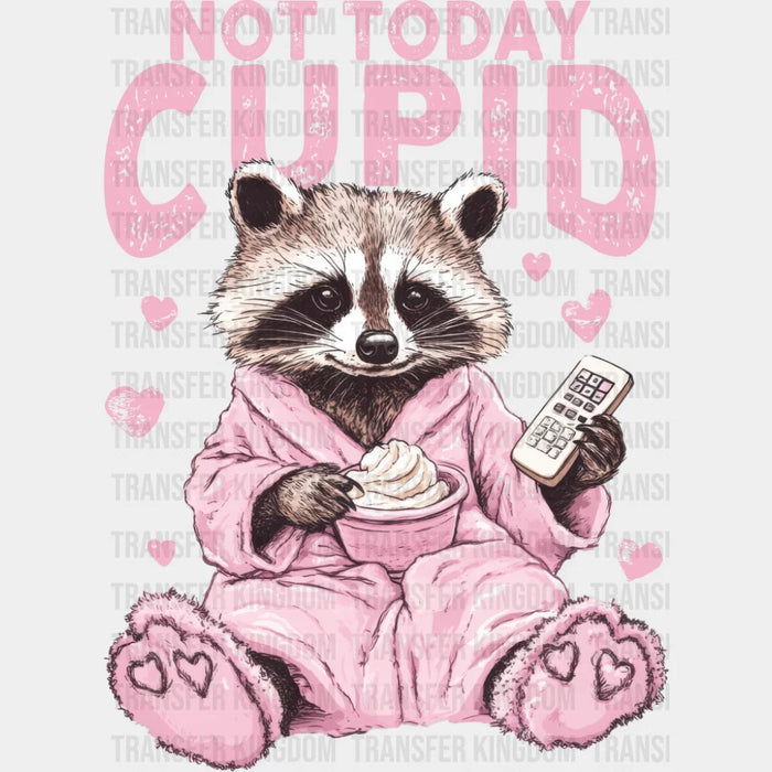 Not Today Cupid Pink Bathrobe Raccoon Design - Valentine's Day DTF Transfer