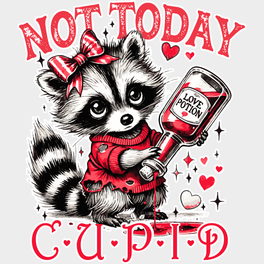 Not Today Cupid Raccoon Love Potion - Valentine’s Day Dtf Transfer Unisex S & M (10’’) /