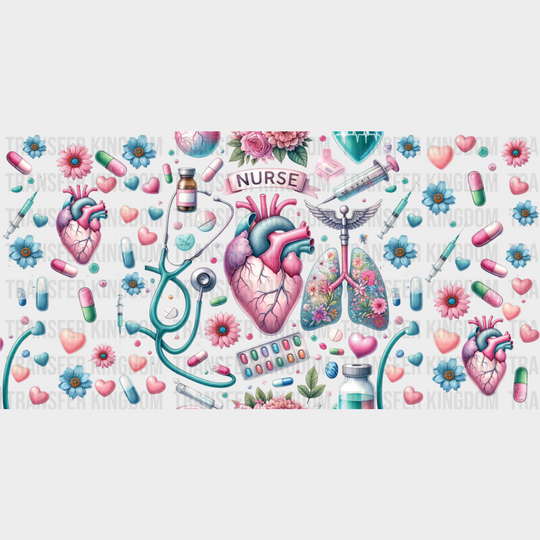 Nurse Heart Lungs Flowers - Cup Wrap Uv Sticker Permanent Dtf Decal