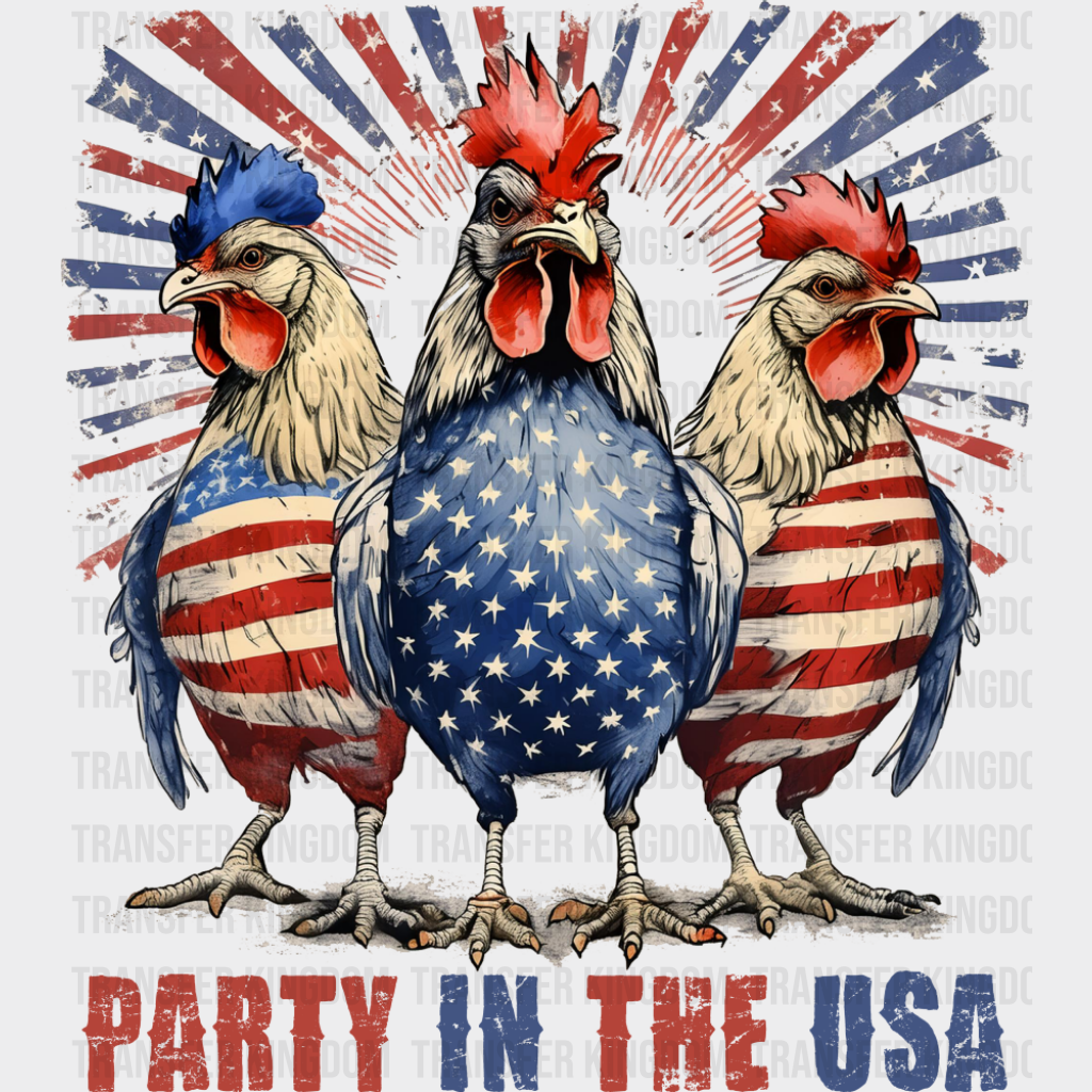 Party In The USA Roosters - 4th Of July DTF Transfer Adult Unisex - S & M (10’’) / Dark Color Design (See Imaging)