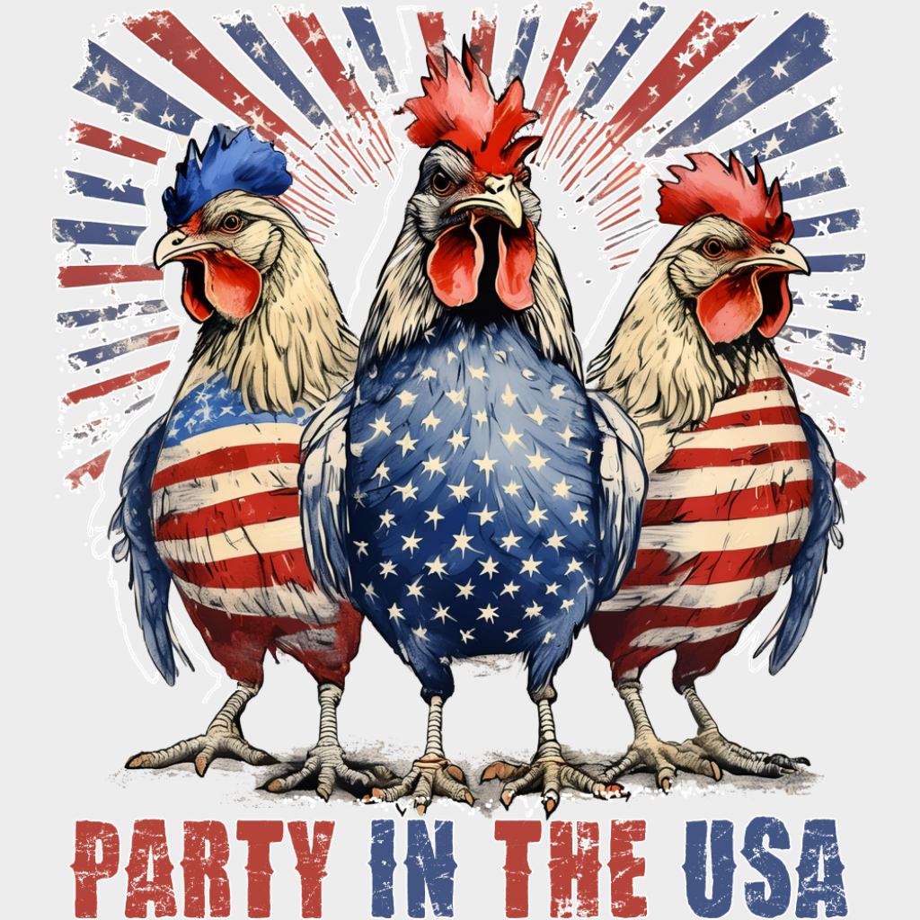 Party In The USA Roosters - 4th Of July DTF Transfer Adult Unisex - S & M (10’’) / Light Color Design (See Imaging)
