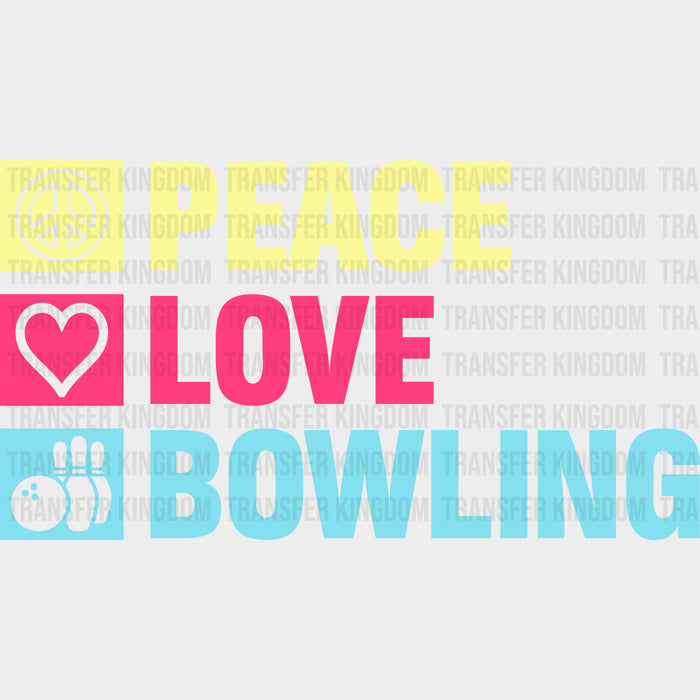 Peace Love Bowling, Color Design - Bowling DTF Transfers