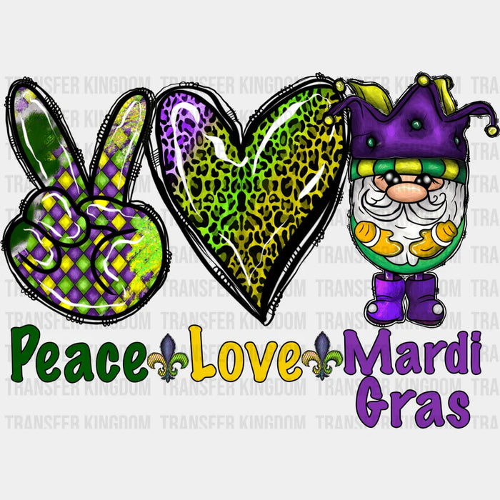 Peace Love Mardi Gras Gnome Design - Mardi Gras DTF heat transfer