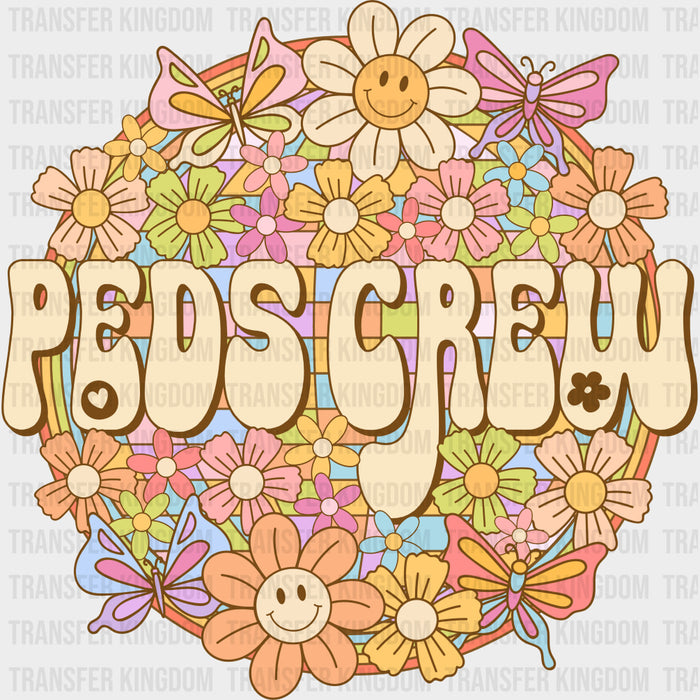 Peds Crew, Flowers, Retro Circular Design - Pediatric Nurse DTF Transfers