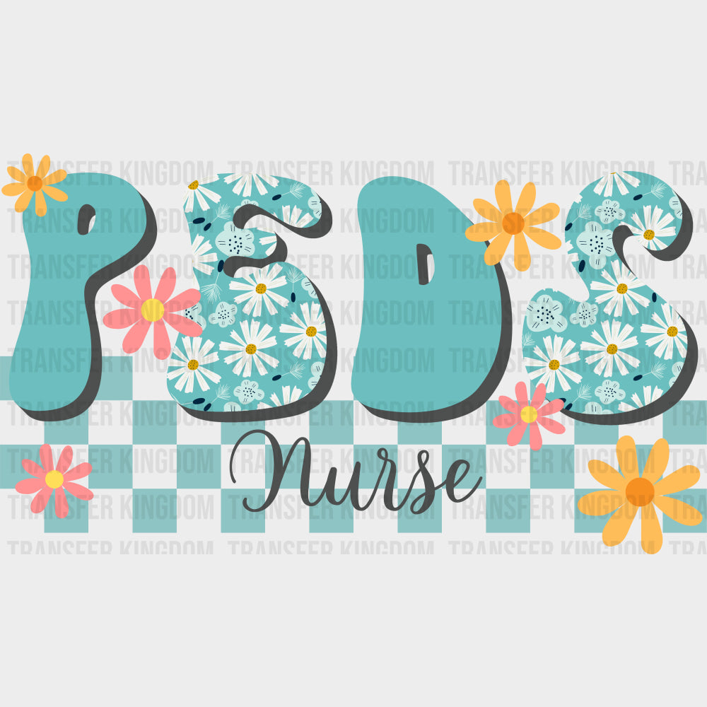 Peds Nurse Blue White Daisies - Pediatric Nurse DTF Transfers Adult Unisex - S & M (10’’) / Dark Color Design (See