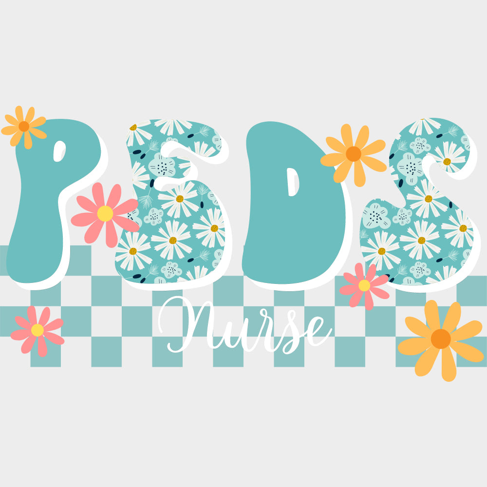 Peds Nurse Blue White Daisies - Pediatric Nurse DTF Transfers Adult Unisex - S & M (10’’) / Light Color Design (See