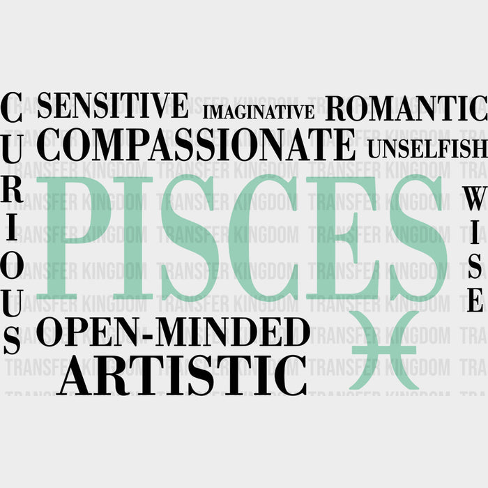 Pisces Qualities, Turquoise, Horizontal - Zodiacs & Horoscopes DTF Transfers