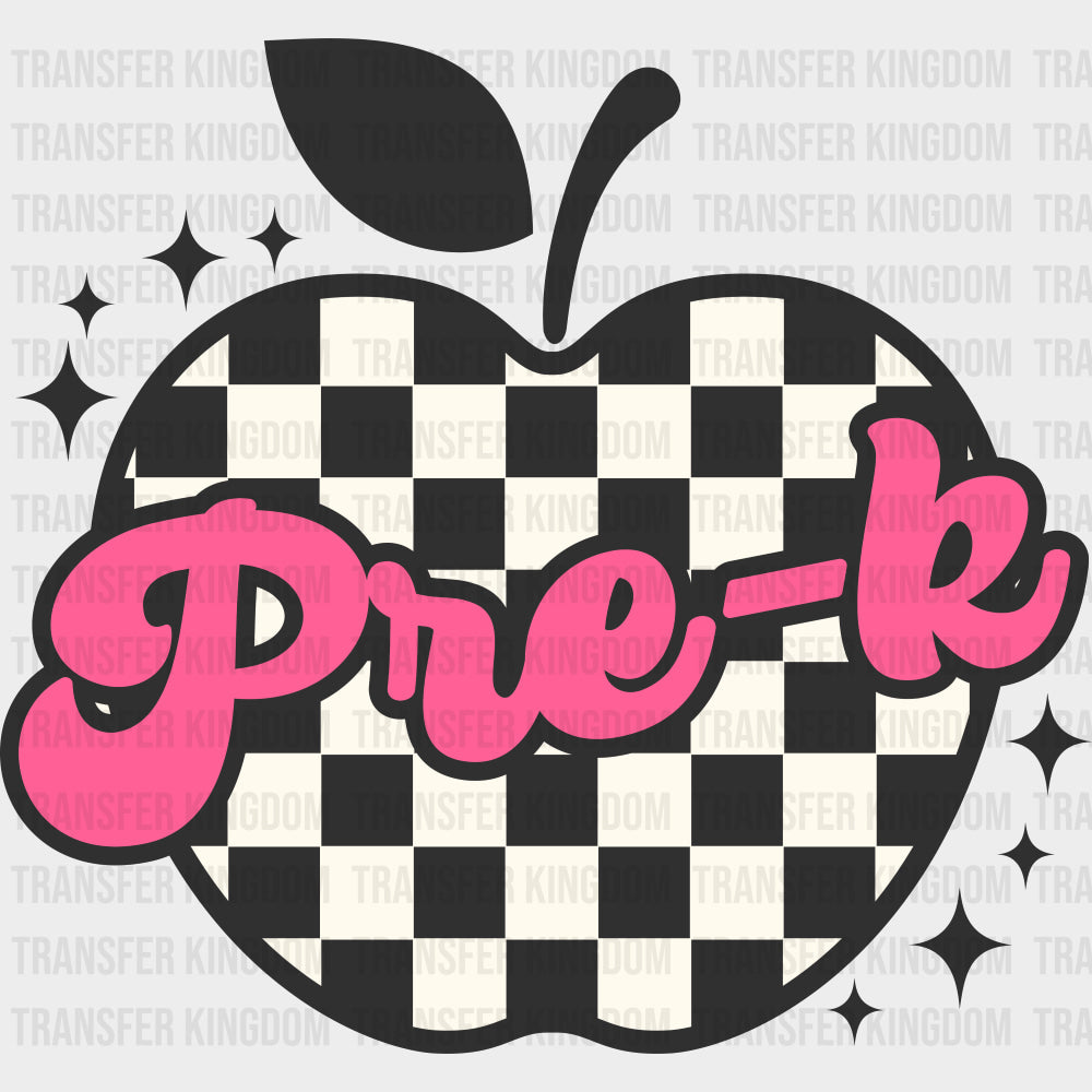 Pre-K Checkered Apple Pink Text - Pre-K DTF Transfers Adult Unisex - S & M (10’’) / Dark Color Design (See Imaging)