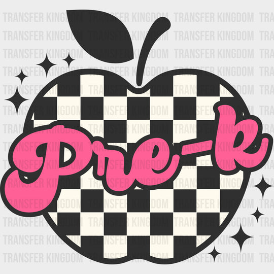 Pre-K Checkered Apple Pink Text - Pre-K DTF Transfers Adult Unisex - S & M (10’’) / Dark Color Design (See Imaging)