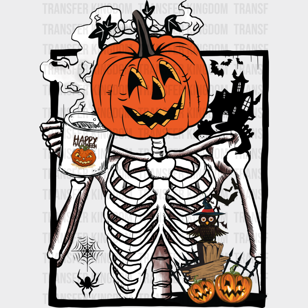 Pumpkin Head Skeleton - Halloween Dtf Transfer Unisex S & M (10’’) / Dark Color Design See Imaging