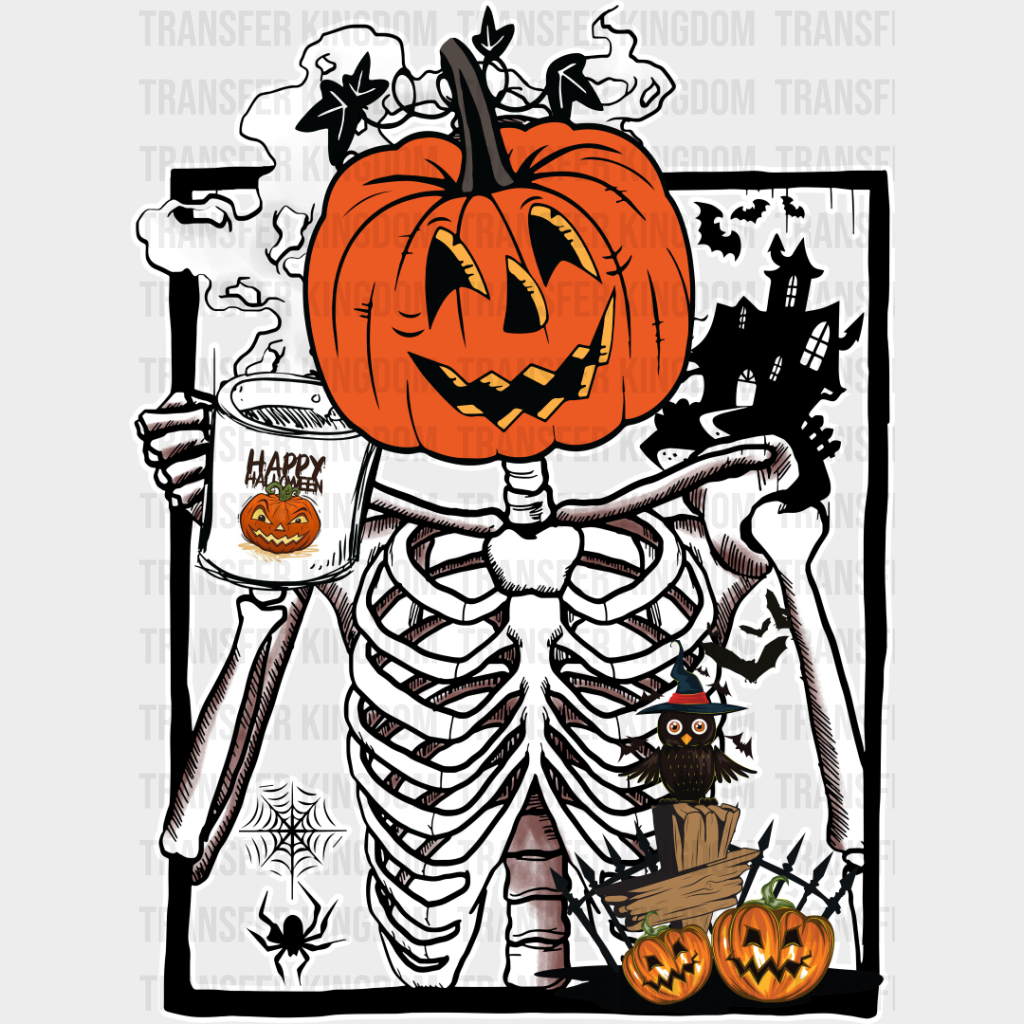 Pumpkin Head Skeleton - Halloween Dtf Transfer Unisex S & M (10’’) / Light Color Design See Imaging