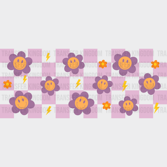 Purple Flowers Checkered Design - Cats Cup Wrap UV Sticker Permanent UV DTF Decal UVDTF