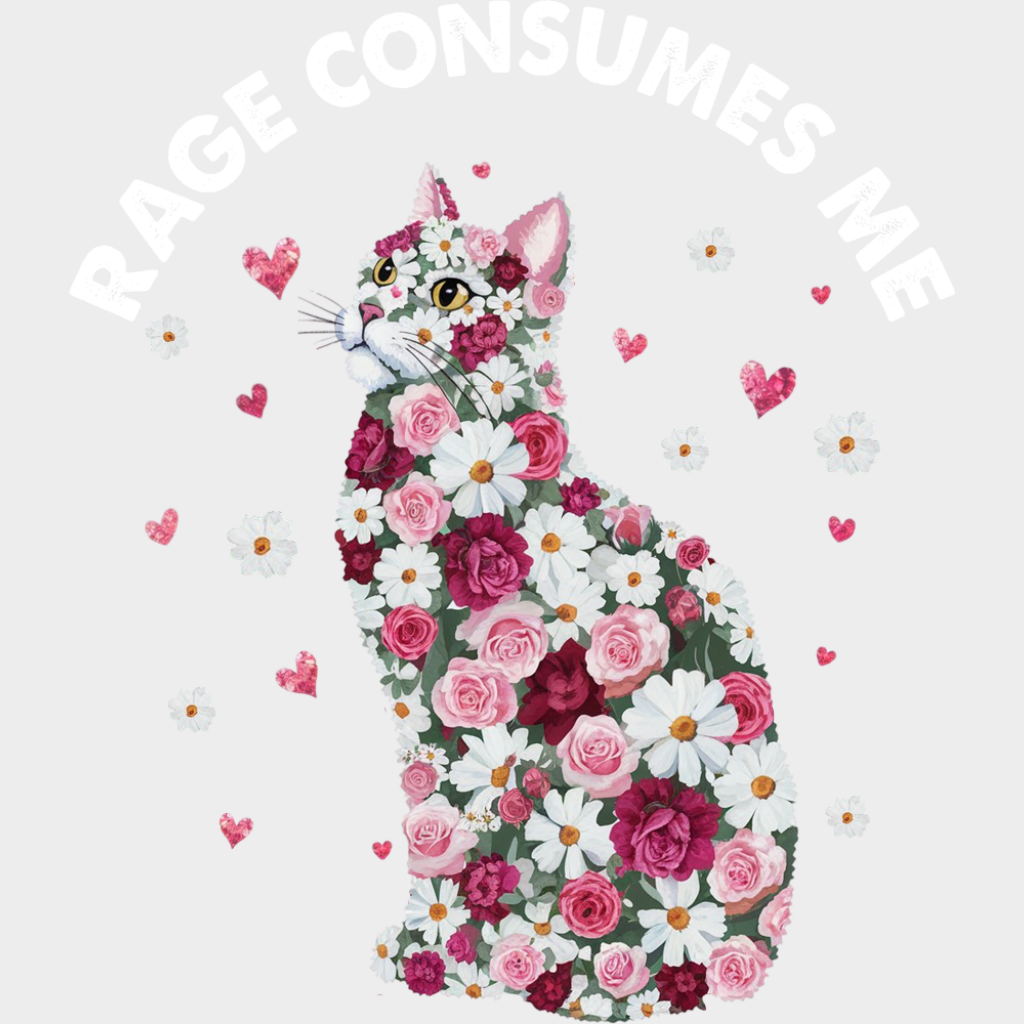 Rage Consumes Me Flower Cat - Funny DTF Transfer Adult Unisex - S & M (10’’) / Light Color Design (See Imaging)