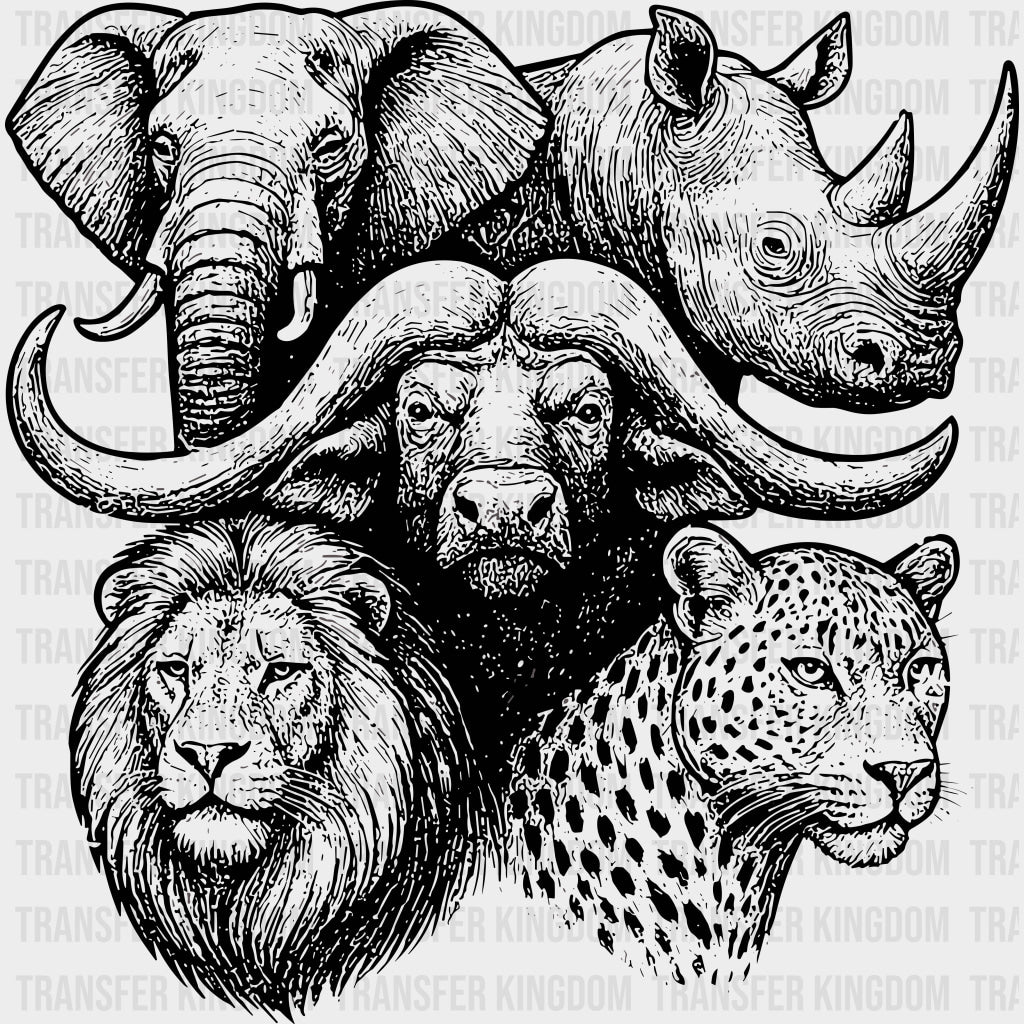 Safari Animals Collage B&W - Animals DTF Transfers - Adult Unisex - S & M (10’’) / Dark Color Design (See Imaging)