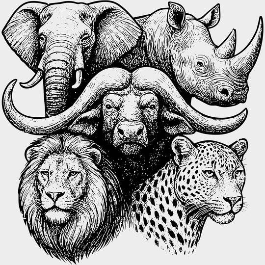 Safari Animals Collage B&W - Animals DTF Transfers - Adult Unisex - S & M (10’’) / Light Color Design (See Imaging)