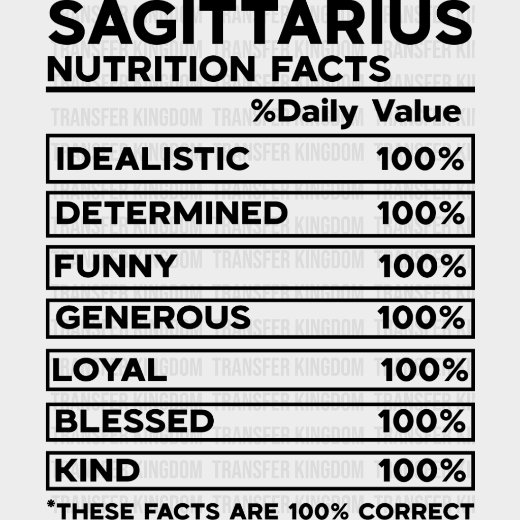 Sagittarius Nutrition Facts - Zodiac & Horoscopes Dtf Heat Transfer Unisex S M (10’’) / Dark