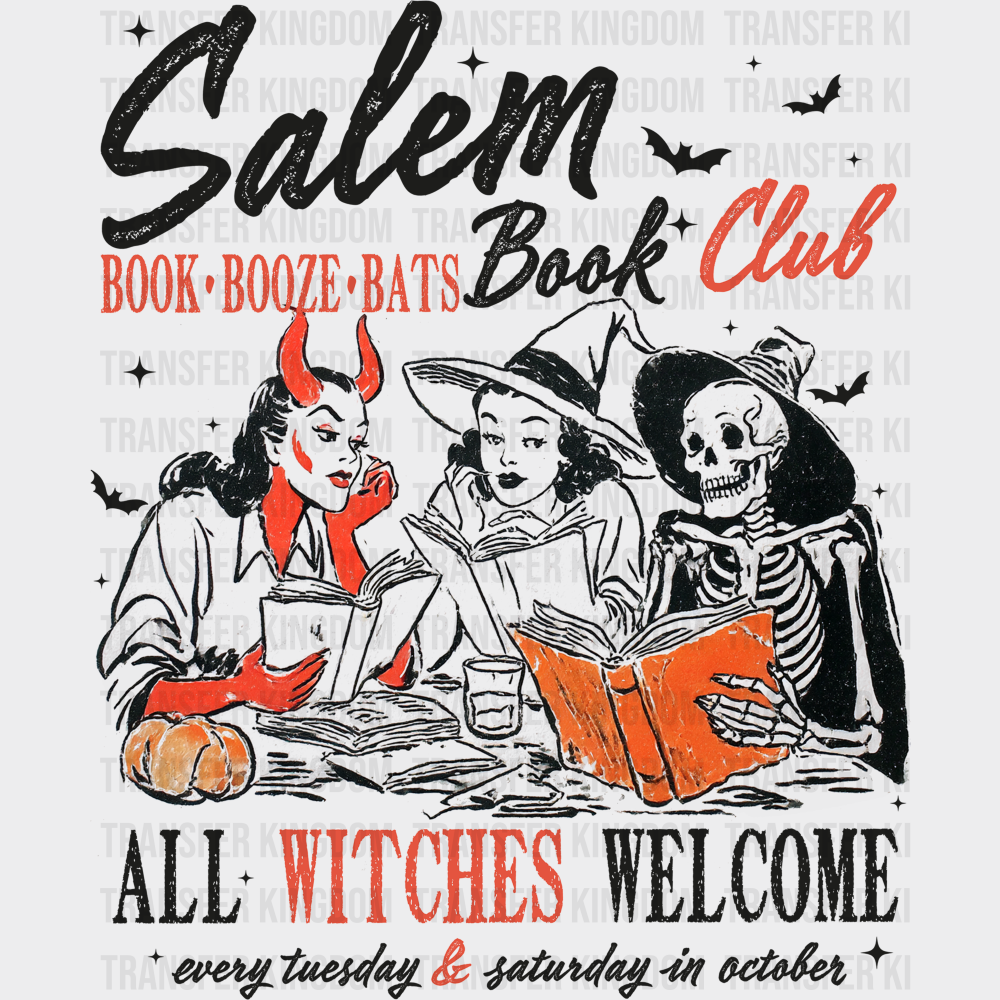 Salem Book Club All Witches Welcome - Halloween DTF Transfer Adult Unisex - S & M (10’’) / Dark Color Design (See