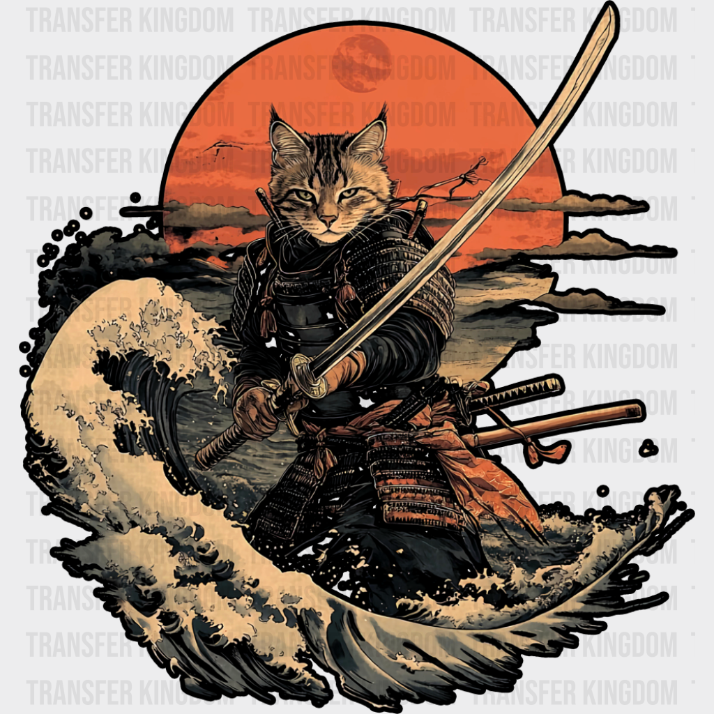 Samurai Cat & Kanagawa Wave - Cats DTF Transfer Adult Unisex - S & M (10’’) / Dark Color Design (See Imaging)